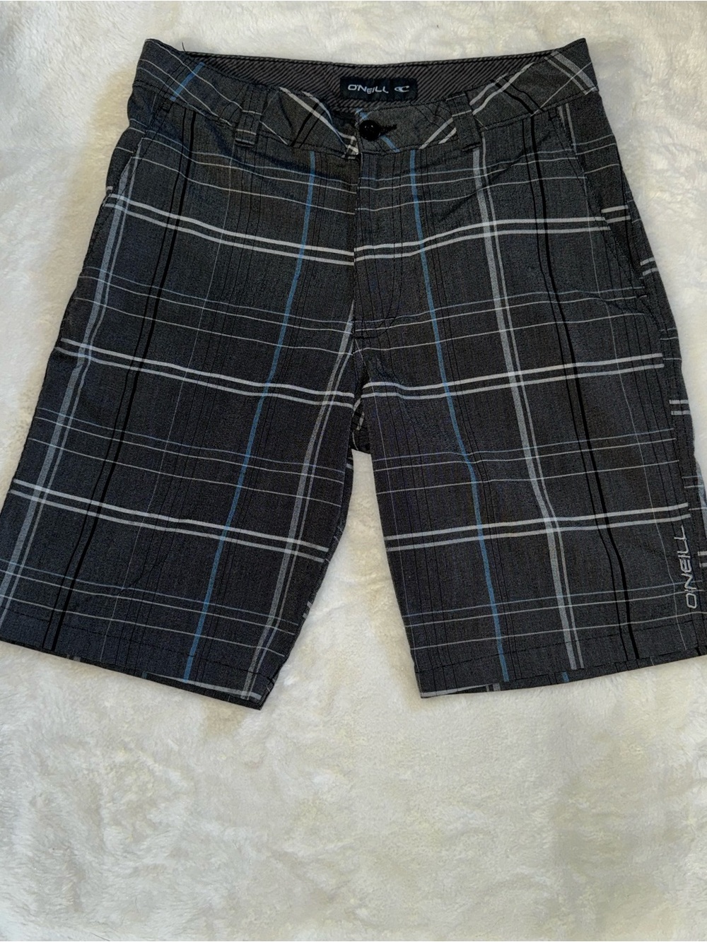 O'Neill Men's Black Plaid Shorts with Blue and White Lines
